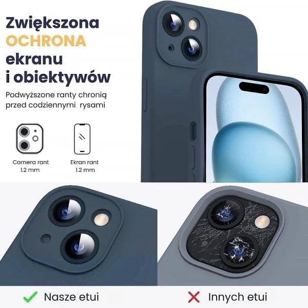 etui do iphone 15 silikonowe z mikrofibrą soft touch z osłoną na aparat, granatowe
