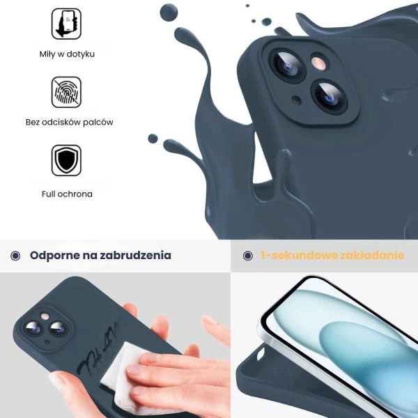 etui do iphone 15 silikonowe z mikrofibrą soft touch z osłoną na aparat, granatowe