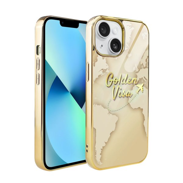 etui do iphone 13, golden glass 3d, szklany tył, złota mapa świata z napisem golden visa