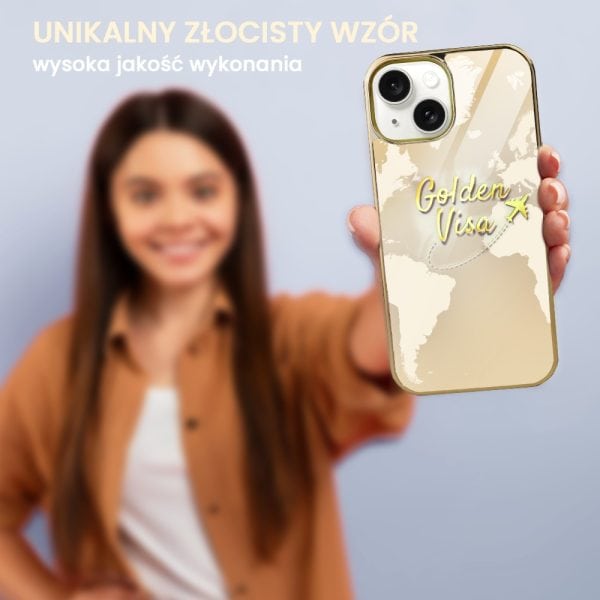 etui do iphone 13, golden glass 3d, szklany tył, złota mapa świata z napisem golden visa