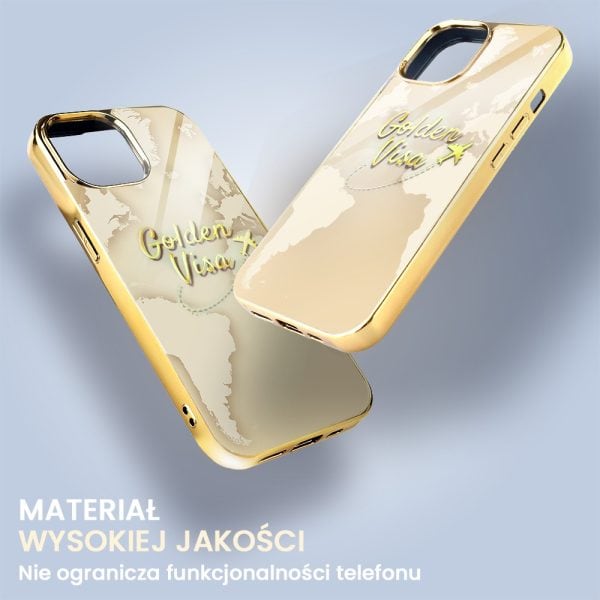 etui do iphone 13, golden glass 3d, szklany tył, złota mapa świata z napisem golden visa