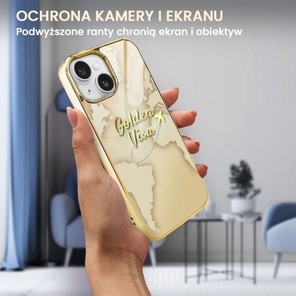 etui do iphone 13, golden glass 3d, szklany tył, złota mapa świata z napisem golden visa