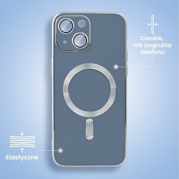 etui do iphone 13 magsafe silver elegance, z osłoną aparatu, delikatnie niebieskie
