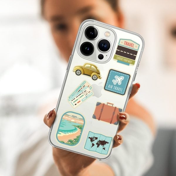 etui do iphone 13 pro, przeźroczyste, naklejki z podróży