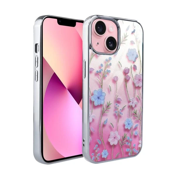 etui do iphone 13, silver glass 3d, szklany tył, letnie kwiaty o zachodzie słońca, srebrne