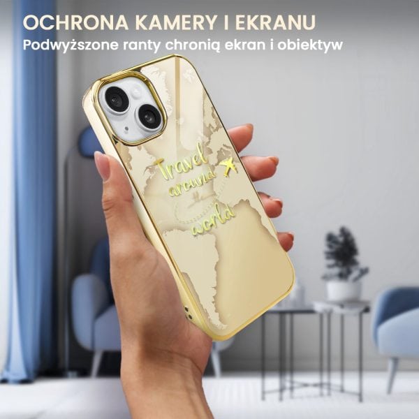 etui do iphone 14, golden glass 3d, szklany tył, złota mapa świata z napisem travel around the world