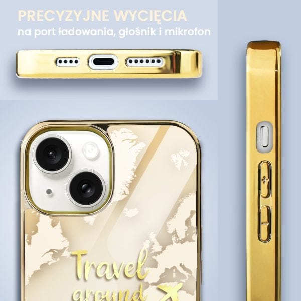 etui do iphone 14, golden glass 3d, szklany tył, złota mapa świata z napisem travel around the world