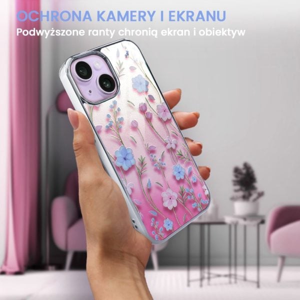 etui do iphone 14, silver glass 3d, szklany tył, letnie kwiaty o zachodzie słońca, srebrne