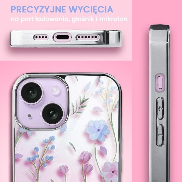 etui do iphone 14, silver glass 3d, szklany tył, letnie kwiaty o zachodzie słońca, srebrne