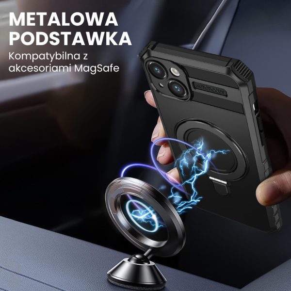 etui do iphone 14, pancerne, z osłoną aparatu i metalową podstawką magsafe, czarne