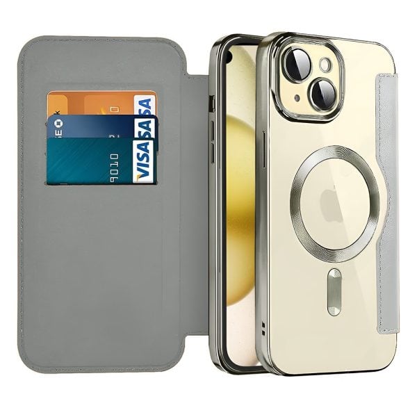 etui do iphone 15 plus typu książka book magsafe lens protect, z klapką, tytanowe