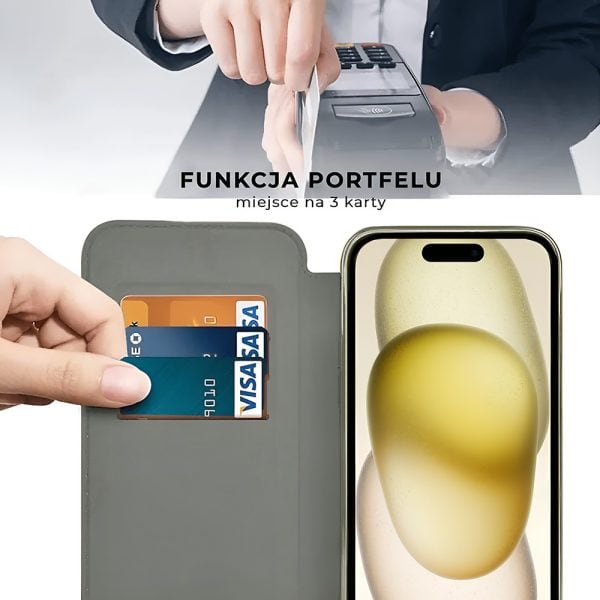 etui do iphone 15 plus typu książka book magsafe lens protect, z klapką, tytanowe
