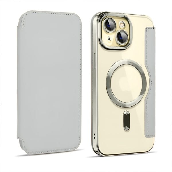 etui do iphone 15 plus typu książka book magsafe lens protect, z klapką, tytanowe