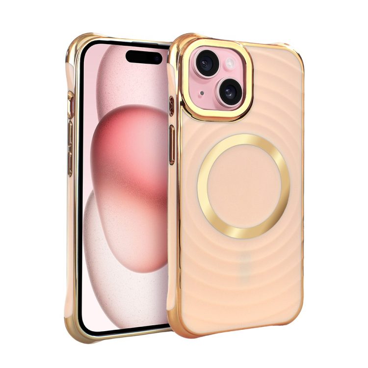 etui do iphone 15, fashion gold magsafe, różowe