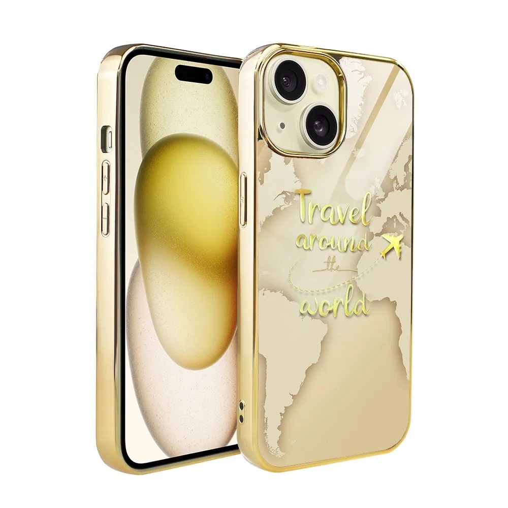 etui do iphone 15, golden glass 3d, szklany tył, złota mapa świata z napisem travel around the world