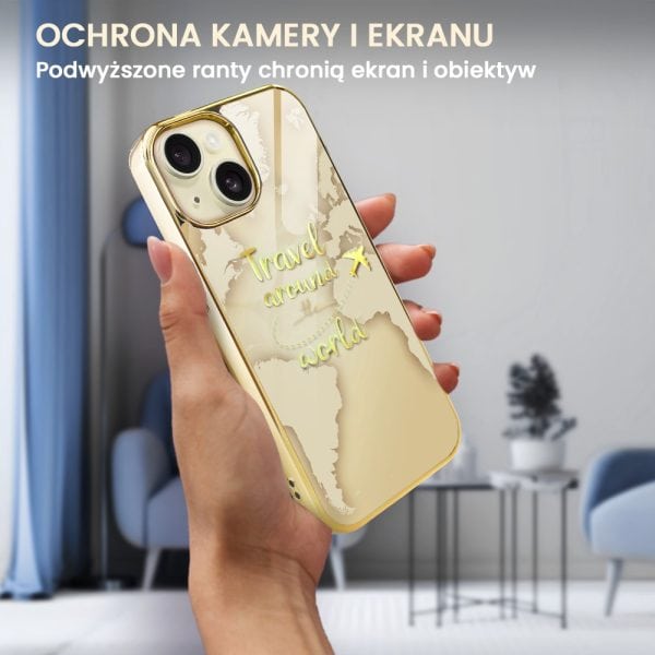 etui do iphone 15, golden glass 3d, szklany tył, złota mapa świata z napisem travel around the world