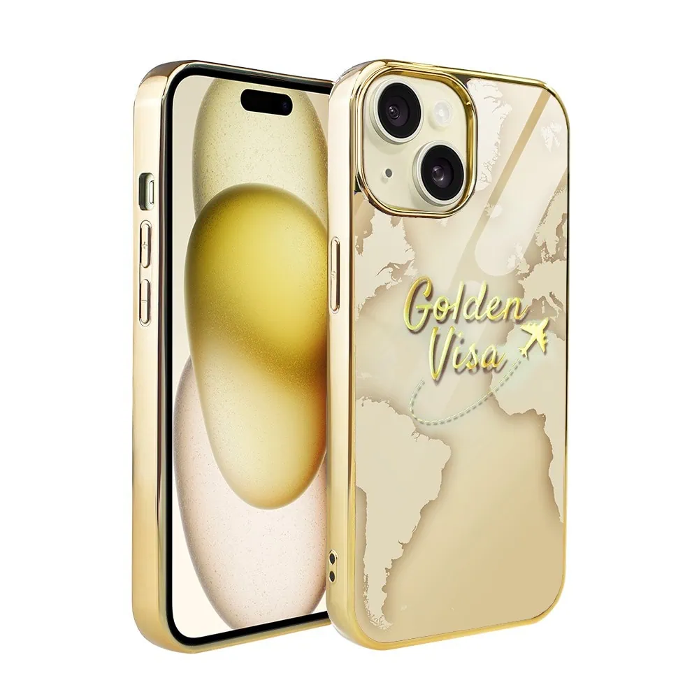etui do iphone 15, golden glass 3d, szklany tył, złota mapa z napisem golden visa