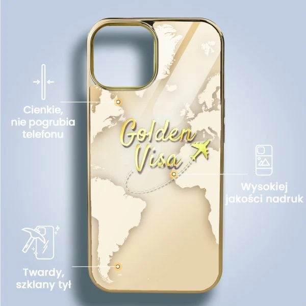 etui do iphone 15, golden glass 3d, szklany tył, złota mapa z napisem golden visa