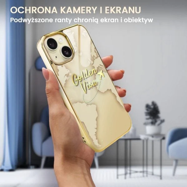 etui do iphone 15, golden glass 3d, szklany tył, złota mapa z napisem golden visa