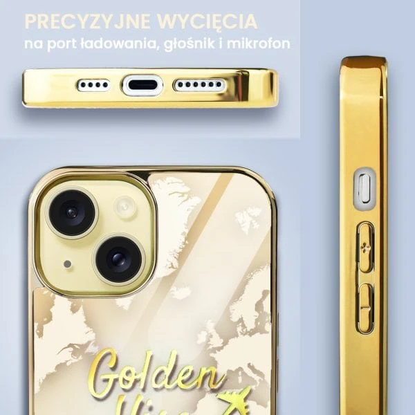 etui do iphone 15, golden glass 3d, szklany tył, złota mapa z napisem golden visa