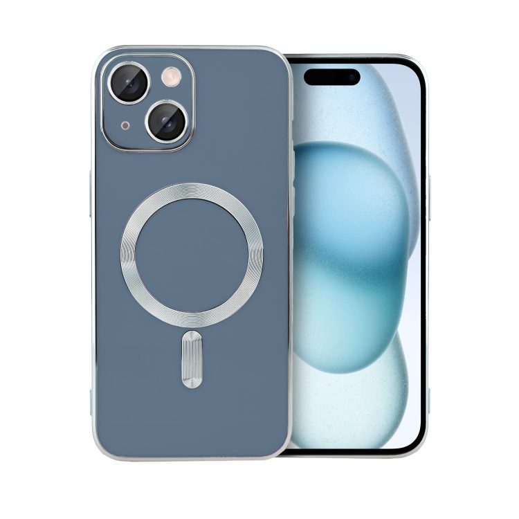 etui do iphone 15 magsafe silver elegance, z osłoną aparatu, delikatnie niebieskie