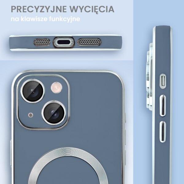 etui do iphone 15 magsafe silver elegance, z osłoną aparatu, delikatnie niebieskie