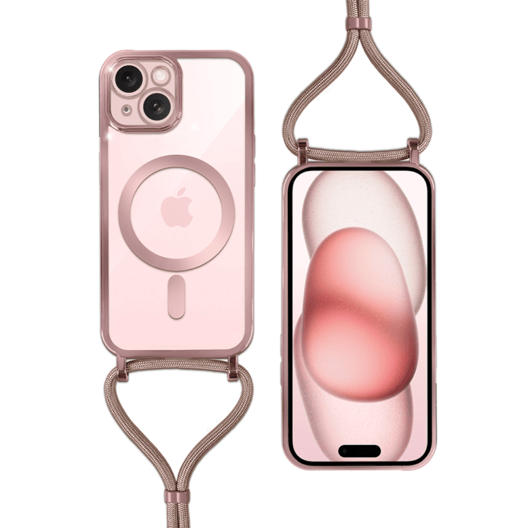 Różowy iPhone z paskiem na szyję.