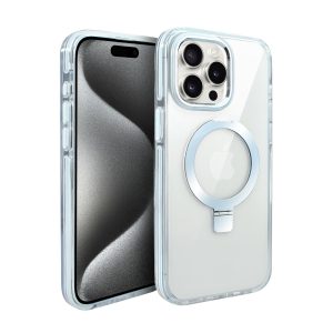 etui do iphone 15 pro max clear steel magsafe, z podstawką, przeźroczysty tył, biała ramka