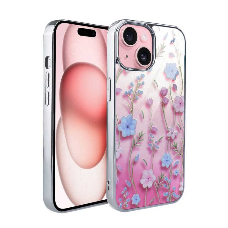 etui do iphone 15, silver glass, szklany tył, kwiaty z efektem 3d, srebrne
