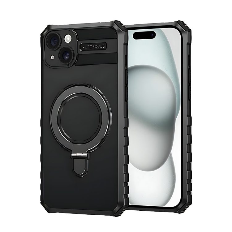 etui do iphone 15, pancerne, z osłoną aparatu i metalową podstawką magsafe, czarne