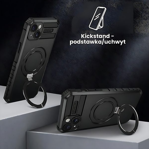 etui do iphone 15, pancerne, z osłoną aparatu i metalową podstawką magsafe, czarne