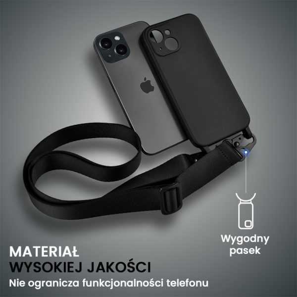etui do iphone 15, crossbody z paskiem jak torebka, osłona aparatu, czarne