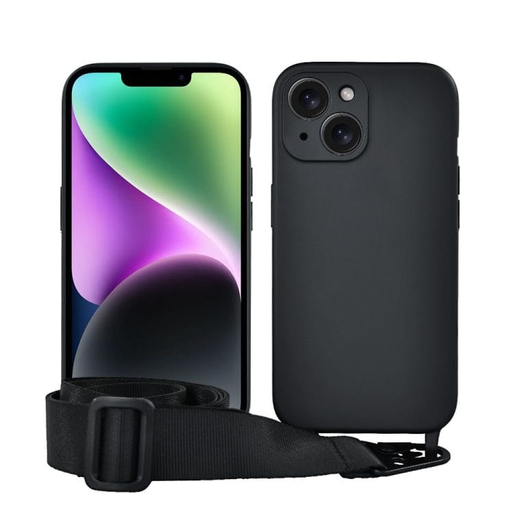 etui do iphone 14, crossbody z paskiem jak torebka, osłona aparatu, czarne