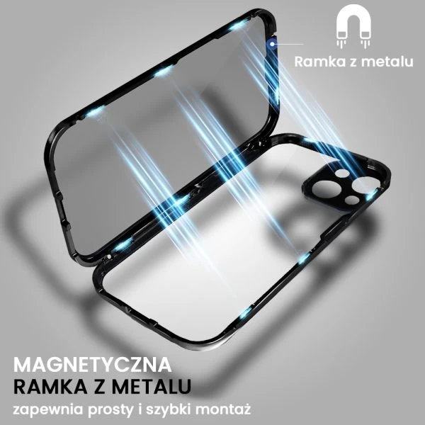 obudowa do iphone 13, pancerna szyba i aluminium 360° przód + tył magnetyczna, z osłoną aparatu i szkłem prywatyzującym
