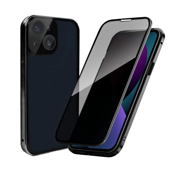 obudowa do iphone 13, pancerna szyba i aluminium 360° przód + tył magnetyczna, z osłoną aparatu i szkłem prywatyzującym