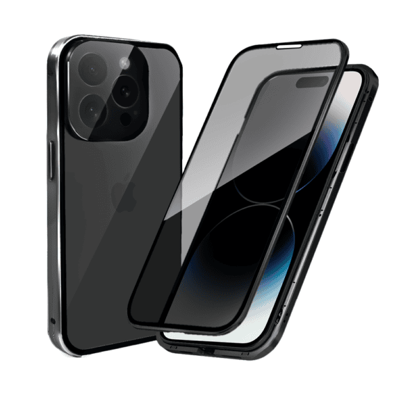 Obudowa do iPhone 14 Pro Max, podwójna szyba i aluminium 360° przód + tył magnetyczna, z osłoną aparatu i szkłem prywatyzującym, czarna (3)