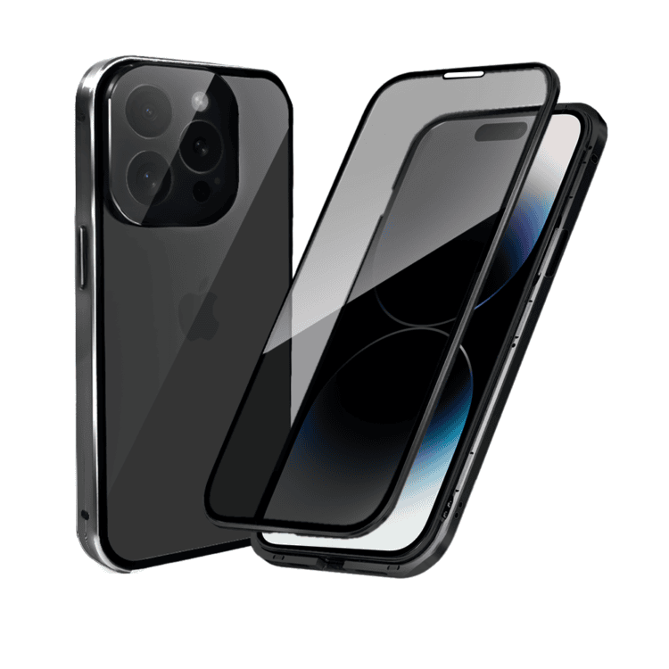 Obudowa do iPhone 14 Pro Max, podwójna szyba i aluminium 360° przód + tył magnetyczna, z osłoną aparatu i szkłem prywatyzującym, czarna (3)