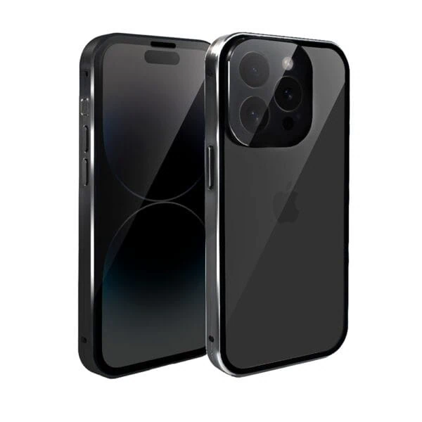 Obudowa do iPhone 14 Pro Max, podwójna szyba i aluminium 360° przód + tył magnetyczna, z osłoną aparatu i szkłem prywatyzującym, czarna (5)