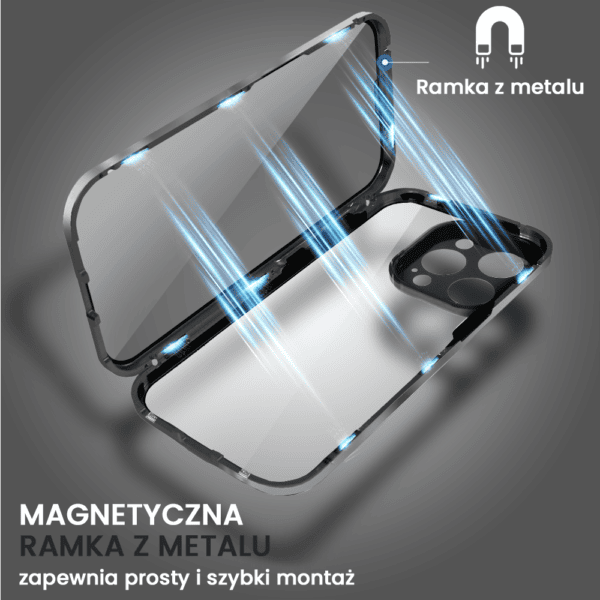 Obudowa do iPhone 14 Pro Max, podwójna szyba i aluminium 360° przód + tył magnetyczna, z osłoną aparatu i szkłem prywatyzującym, czarna (7)