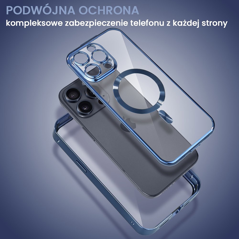 Obudowa do iPhone 15 Pro Max, podwójna szyba i polerowane aluminium 360° zamykany przód + tył z MagSafe, granatowa pop