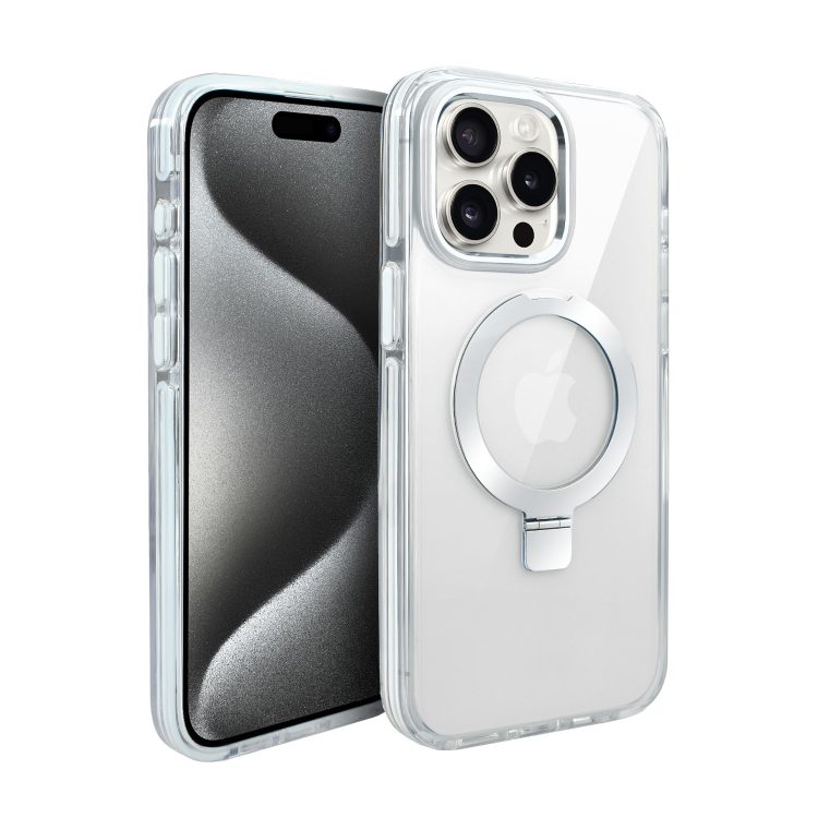 etui do iphone 15 pro max clear steel magsafe, z podstawką, przeźroczysty tył, biała ramka
