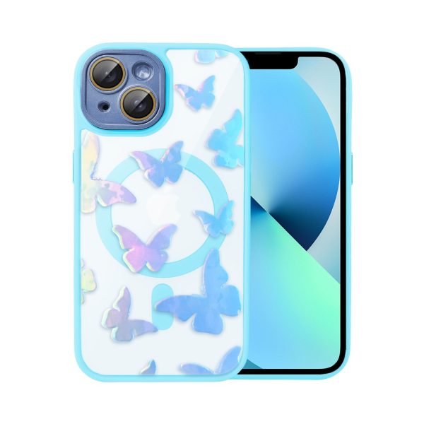 etui do iphone 13 magsafe hybrid color cienkie z kolorową ramką i ochroną aparatu, opalizujący nadruk motylki, piaskowy róż (kopia)