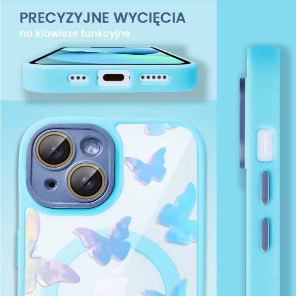 etui do iphone 13 magsafe hybrid color cienkie z kolorową ramką i ochroną aparatu, opalizujący nadruk motylki, błękitne