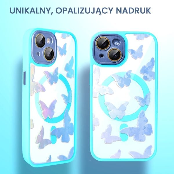 etui do iphone 13 magsafe hybrid color cienkie z kolorową ramką i ochroną aparatu, opalizujący nadruk motylki, błękitne