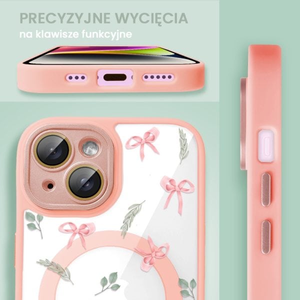 etui do iphone 14 magsafe hybrid color cienkie z kolorową ramką i ochroną aparatu, kokardki, piaskowy róż