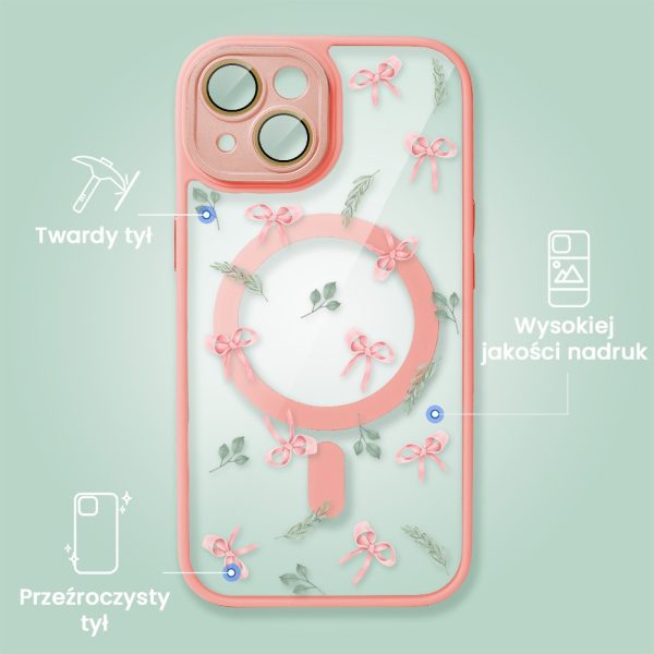 etui do iphone 14 magsafe hybrid color cienkie z kolorową ramką i ochroną aparatu, kokardki, piaskowy róż