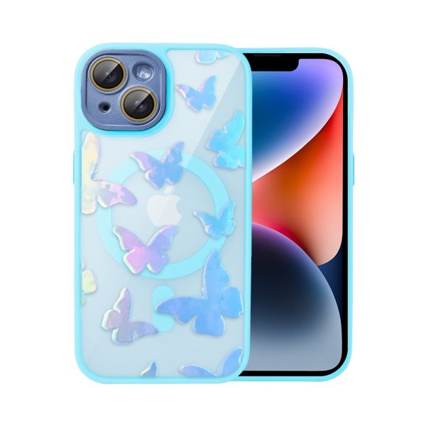 etui do iphone 14 magsafe hybrid color cienkie z kolorową ramką i ochroną aparatu, opalizujący nadruk motylki, piaskowy róż (kopia)
