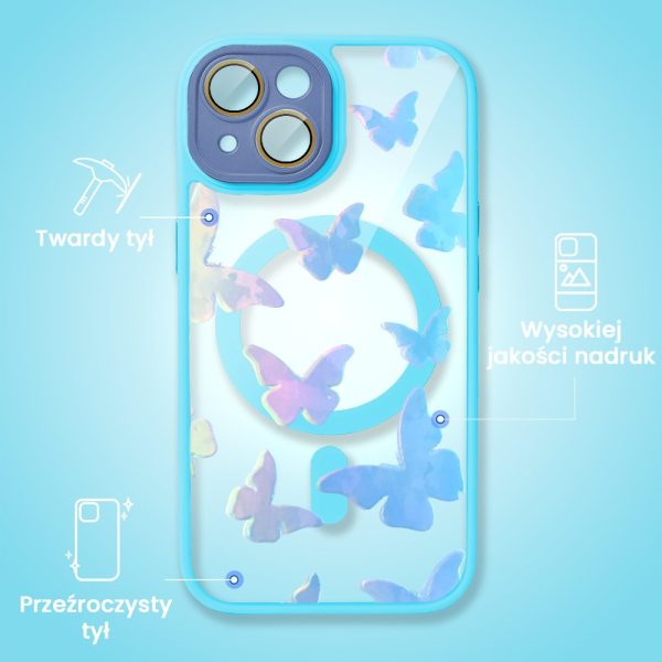 etui do iphone 14 magsafe hybrid color cienkie z kolorową ramką i ochroną aparatu, opalizujący nadruk motylki, piaskowy róż (kopia)