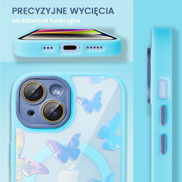etui do iphone 14 magsafe hybrid color cienkie z kolorową ramką i ochroną aparatu, opalizujący nadruk motylki, piaskowy róż (kopia)
