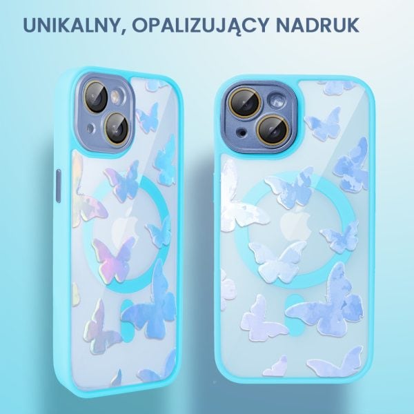 etui do iphone 14 magsafe hybrid color cienkie z kolorową ramką i ochroną aparatu, opalizujący nadruk motylki, piaskowy róż (kopia)
